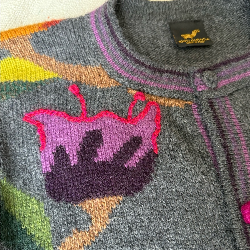 🦙🧶100% Peruvian Alpaca Floral Embroidered Button-Up Sweater Cardigan - Picture 4 of 13